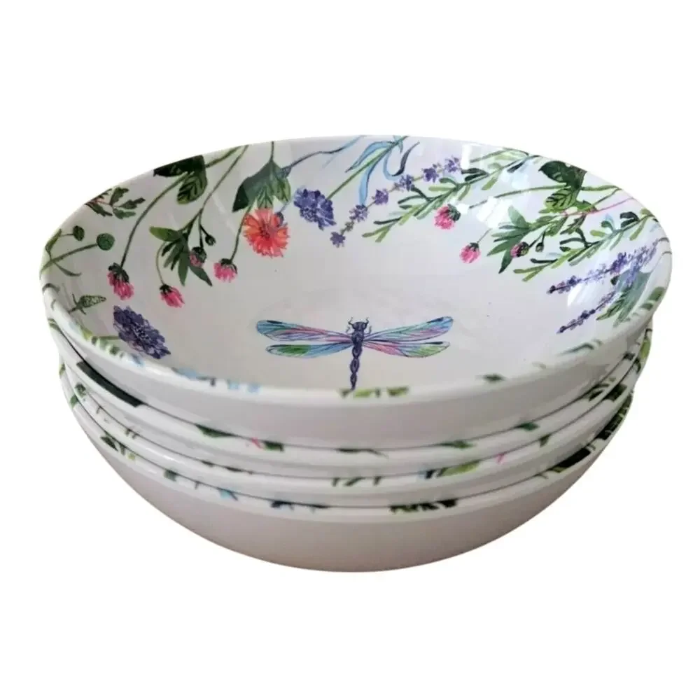 4pc Rachel Ashwell Farmhouse Melamine Spring Floral DRAGONFLY Melamine Bowls New